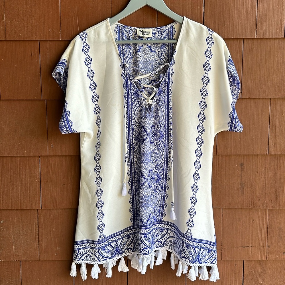 Show Me Your MuMu White/Blue Boho Coverup- Small